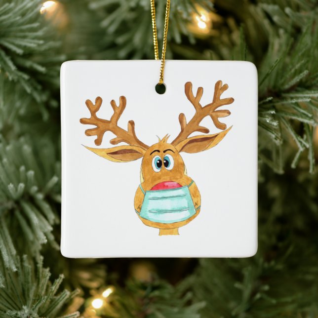 Rudolph the Face Masked Reindeer Ceramic Ornament (Tree)