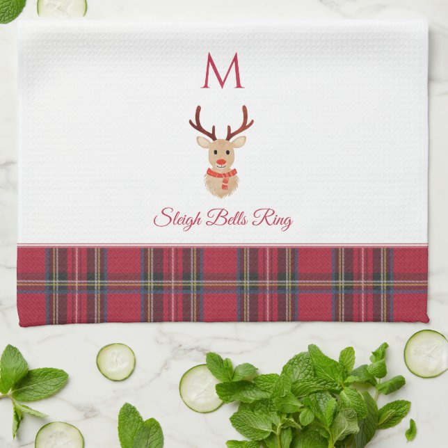Rudolph the Reindeer Custom Monogram Christmas Kitchen Towel (Folded)