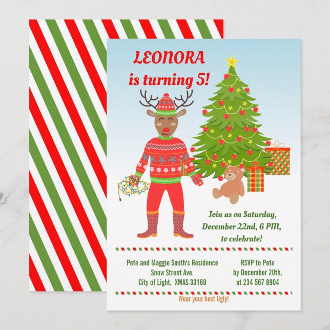 Rudolph Ugly Sweater Anniversaire Fête Invitation (Devant / Derrière)