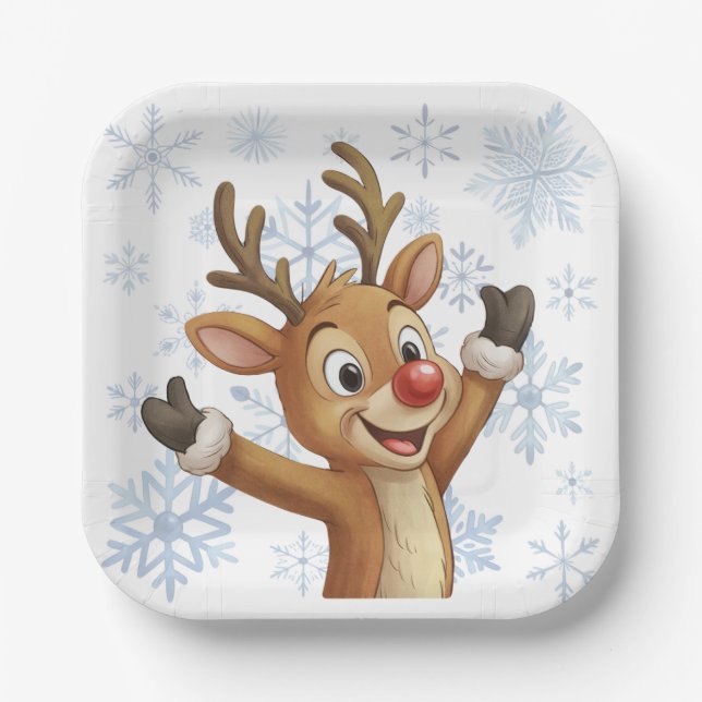 Rudolph With Blue Snowflakes Paper Plate (Front)