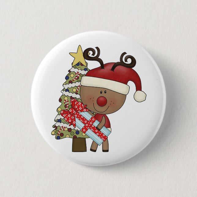 Rudy Reindeer Holiday Tree 2 Inch Round Button (Front)