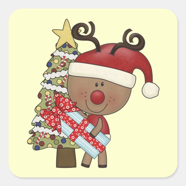 Rudy Reindeer Holiday Tree Square Sticker (Front)