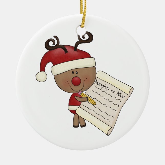 Rudy Reindeer Naughty or Nic Ceramic Ornament (Front)