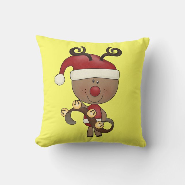 Rudy Reindeer With Bells Throw Pillow (Front)