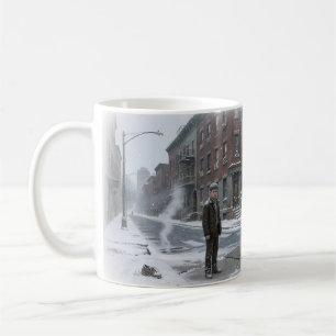 Rue enneigée de la ville, lutte familiale, mug d'h