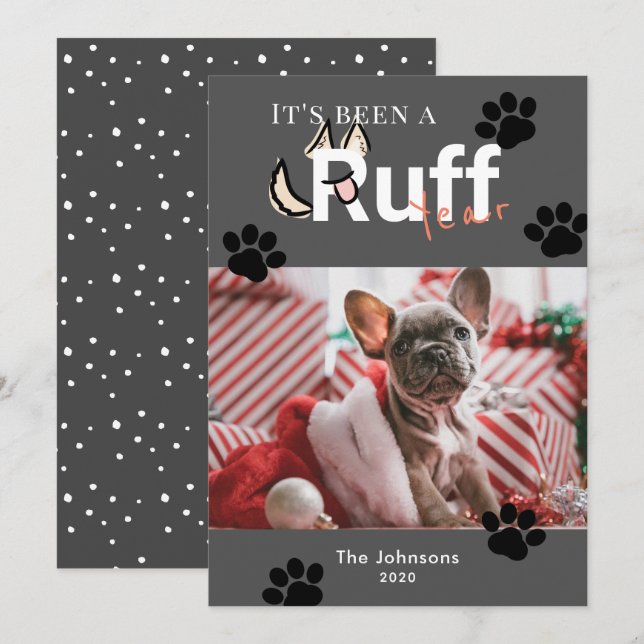 Ruff Year Dark Gray Dog Photo Christmas Holiday Card (Front/Back)