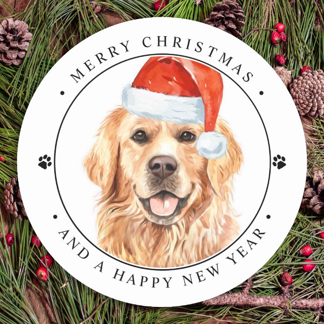 Ruff Year Golden Retriever Funny Dog Christmas Classic Round Sticker (Creator Uploaded)