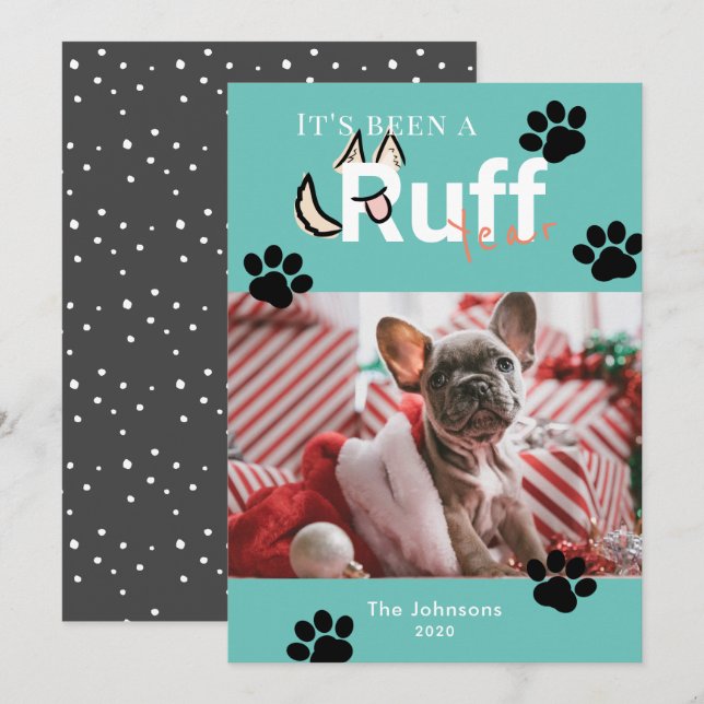 Ruff Year Turquoise Blue Dog Photo Christmas Holiday Card (Front/Back)