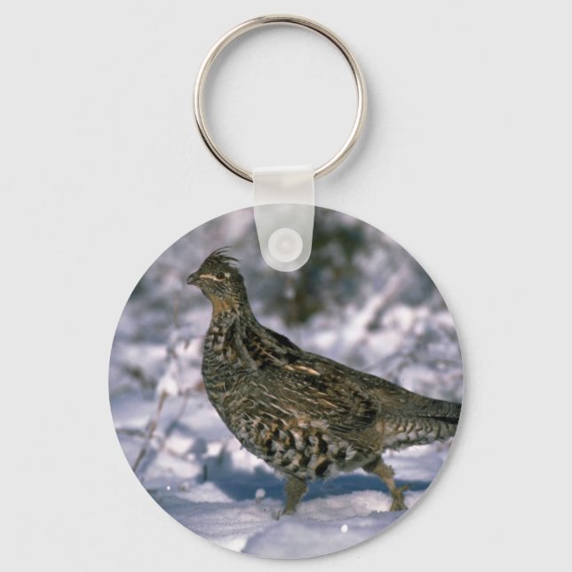 Ruffed grouse standing in snowy woods keychain (Front)