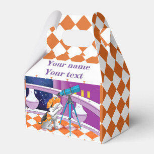 Rufous beige puppy and telescope in the castle favor box