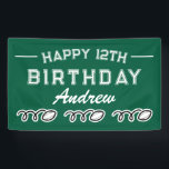 Rugby Birthday party banner for kid's celebration<br><div class="desc">Rugby Birthday party banner for kid's celebration. Sporty ball design with fun typography and custom green background colour. Personalized signage to hang up on fence, balcony, deck, porch or wall. Available in different sizes for inside and outside. Small medium and large shapes. With or without holes and hooks. Indoor and...</div>