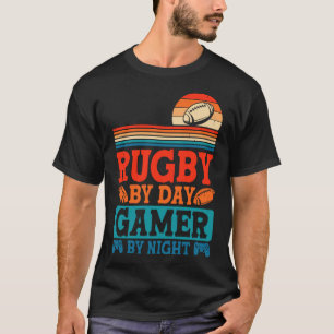 Rugby By Day Gamer By Night Video Game Lover Retro T-Shirt