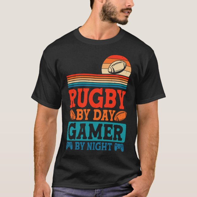 Rugby By Day Gamer By Night Video Game Lover Retro T-Shirt (Front)