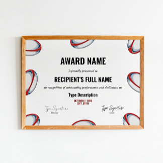 Rugby Excellence Award Certificate - Instant  Poster