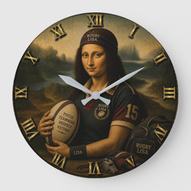 Rugby Funny Mona Lisa Sports Gift Large Clock (Front)