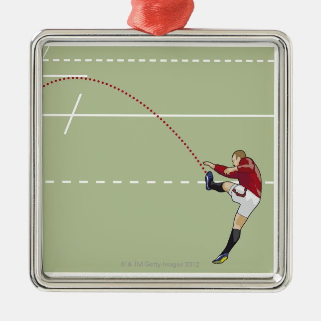 Rugby player kicking ball into touch, dotted metal ornament (Front)