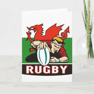 Rugby player scoring try wales flag card