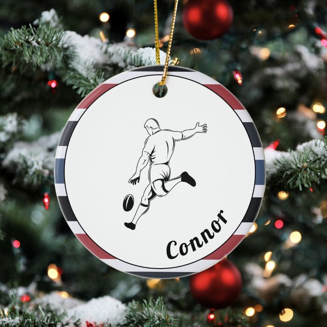 Rugby Player's Name Striped Masculine Sport Theme  Ceramic Ornament (Creator Uploaded)