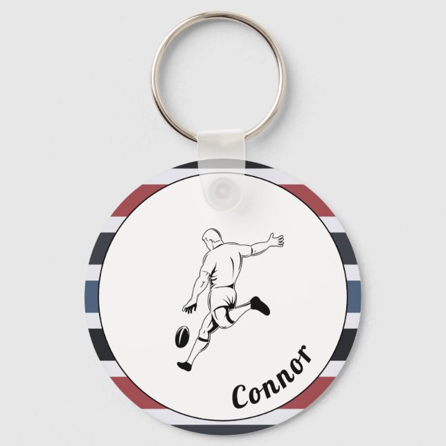 Rugby Player's Name Striped Masculine Sport Theme  Keychain (Front)