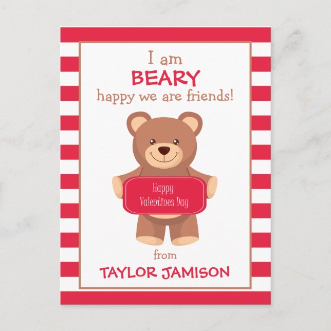 Rugby Striped Bear Personalized Valentine's Cards (Front)