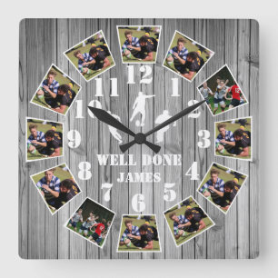 Rugby Wooden Effect Personalise Photo Collage Larg Square Wall Clock