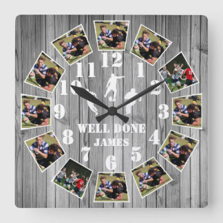 Rugby Wooden Effect Personalise Photo Collage Larg Square Wall Clock
