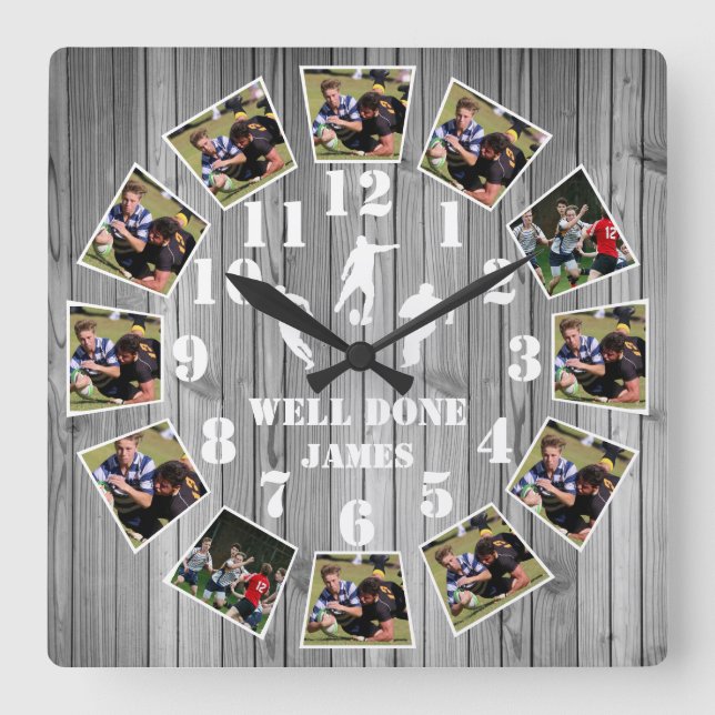 Rugby Wooden Effect Personalise Photo Collage Larg Square Wall Clock (Front)