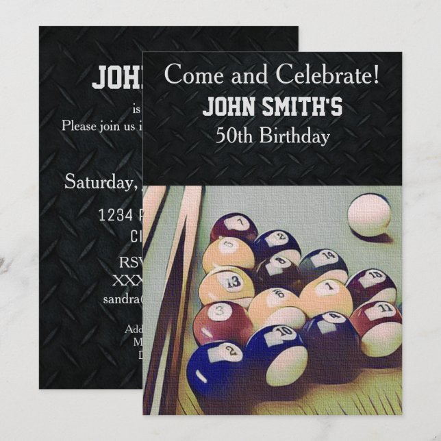 Rugged Adult Billiards Men's Birthday Invitations (Front/Back)