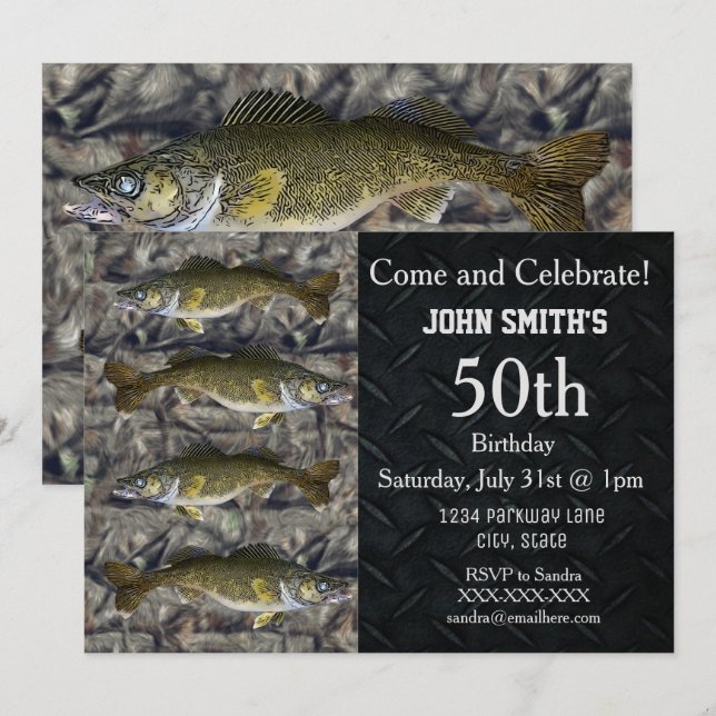 Rugged Adult Walleye Fishing Camo Birthday Invitation (Front/Back)