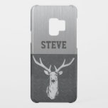Rugged Big Buck Name Deer Hunting Antlers Cool Uncommon Samsung Galaxy S9 Case<br><div class="desc">This phone features your name on a silver background and a big stag buck on a black diamond plate pattern. A manly phone case for any deer hunter who loves the hunt</div>