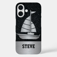 Rugged Black Diamond Plate Silver Sailboat Name