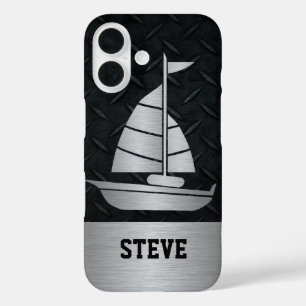 Rugged Black Diamond Plate Silver Sailboat Name iPhone 16 Case