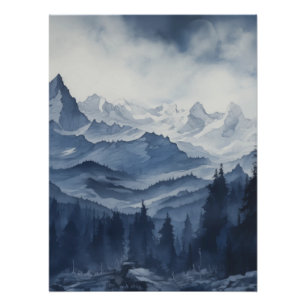 Rugged Mountains and Pines in Blues Watercolor Poster