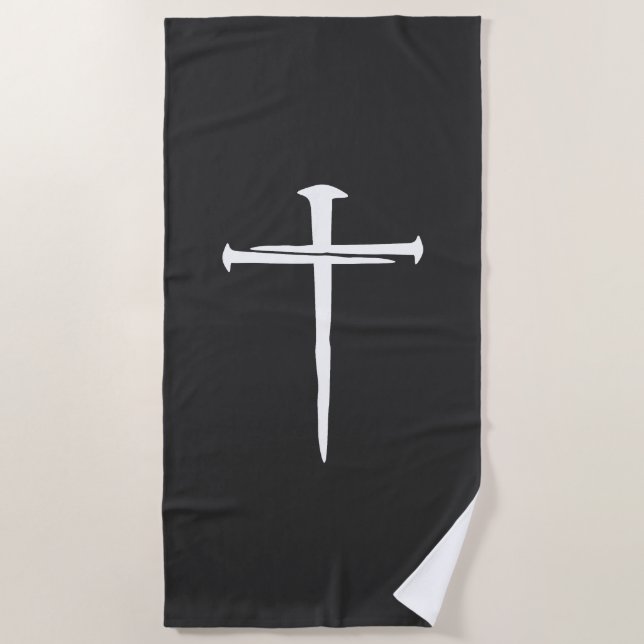 Rugged Three Nails White Cross Christian Beach Towel (Front)