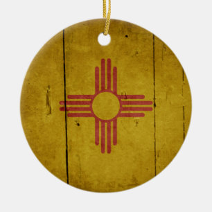 Rugged Wood New Mexico Flag Ceramic Ornament