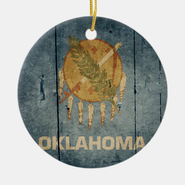 Rugged Wood Oklahoma Flag Ceramic Ornament (Front)