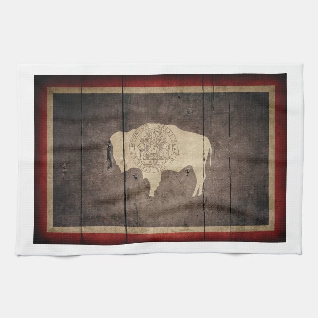 Rugged Wood Wyoming Flag Kitchen Towel (Horizontal)