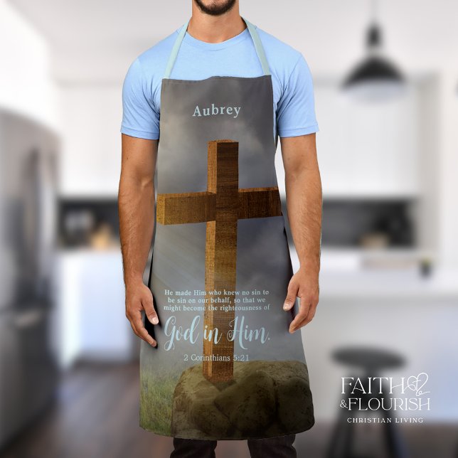 Rugged Wooden Cross Bible Verse Personalized Apron (Creator Uploaded)