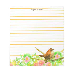 Rugosa Rose Wren Bird Lined Stationery Personalize Notepad