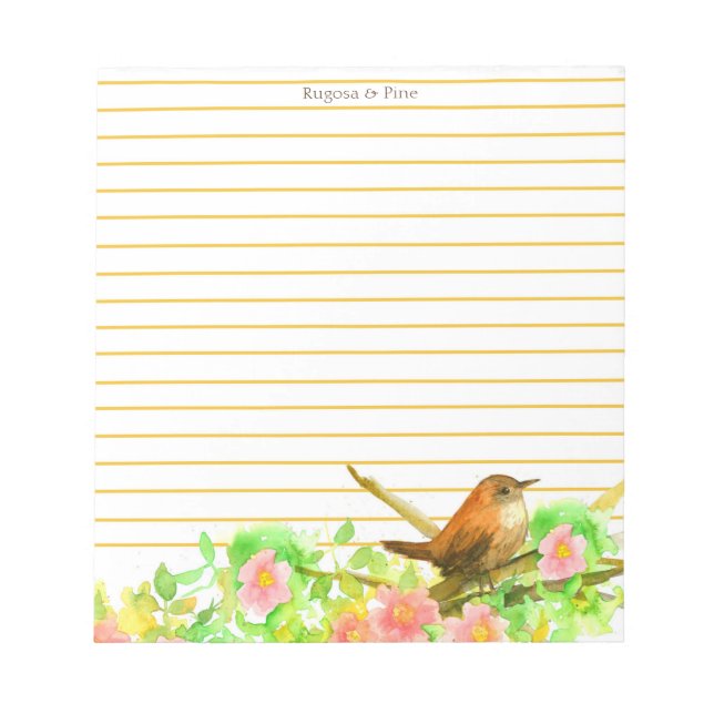 Rugosa Rose Wren Bird Lined Stationery Personalize Notepad (Front)