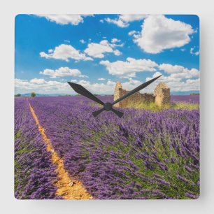 Ruin in Lavender Field, France Square Wall Clock