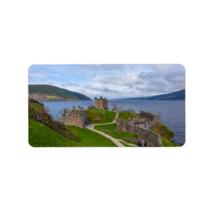 Ruins of Urquhart Castle along Loch Ness, Scotland Label