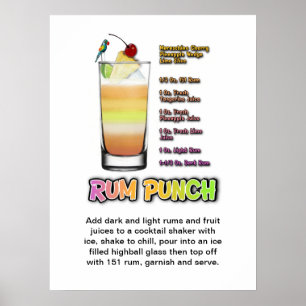 RUM PUNCH Cocktail Recette 18" x 24" Poster d'art
