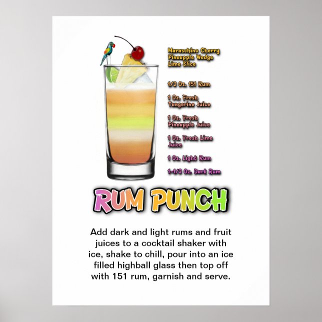 RUM PUNCH Cocktail Recette 18" x 24" Poster d'art (Devant)