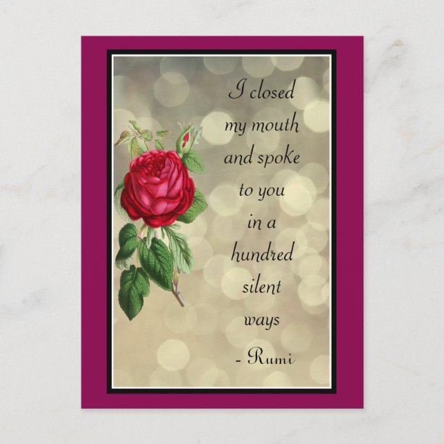 Rumi Quote Typography with Rose and Bokeh Design Postcard (Front)