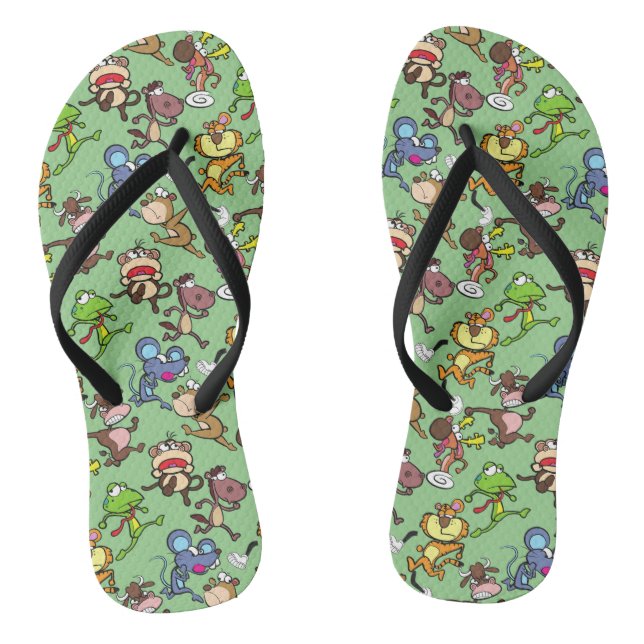 Run 2023, Cute Cartoons running around L Green BG Flip Flops (Footbed)