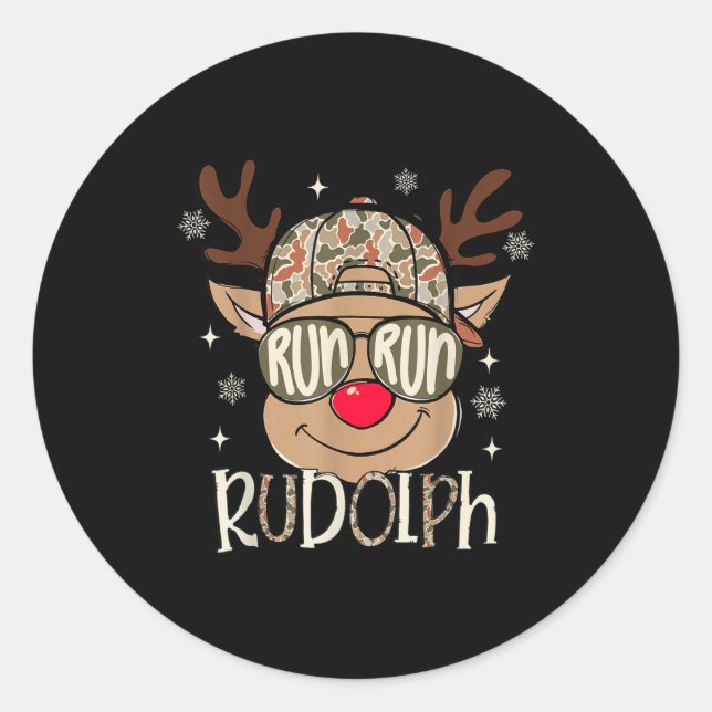 Run Rudolph Santa's Reindeer Christmas Camo Boys T Classic Round Sticker (Front)