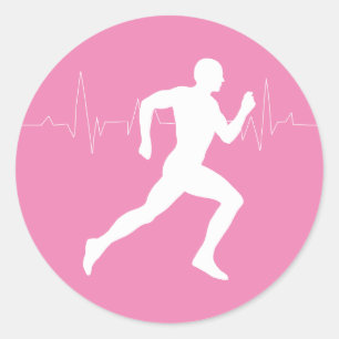 Runner Silhouette With Heart Beat Line Pink  Classic Round Sticker