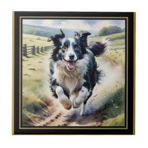 Running Border Collie Tile