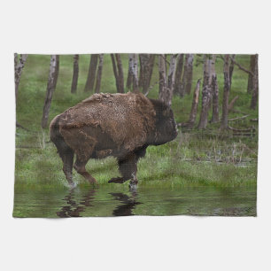 Running Buffalo & Forest, Bison-lover's Design Kitchen Towel